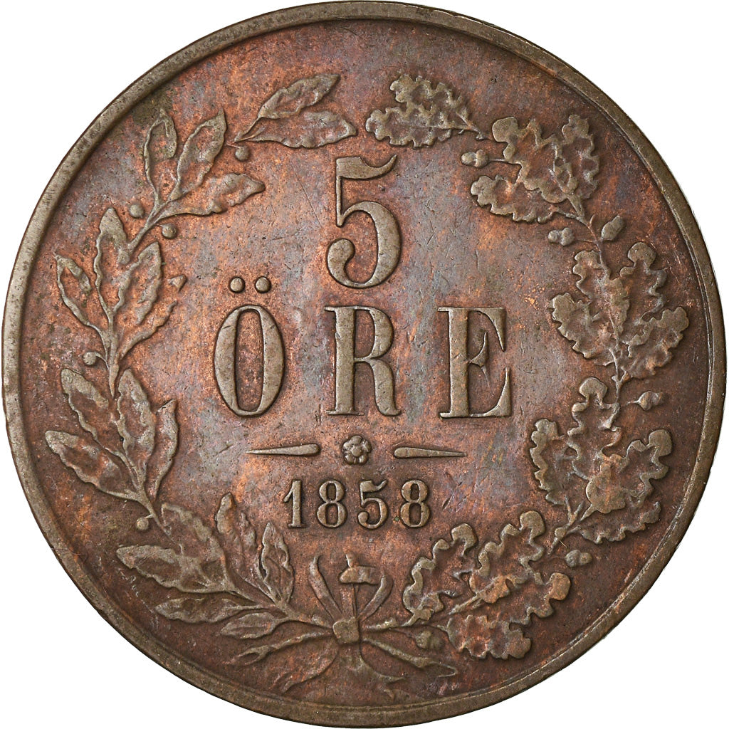 Moneta, Svezia, Oscar I, 5 Öre, 1858, BB, Bronzo, KM:690