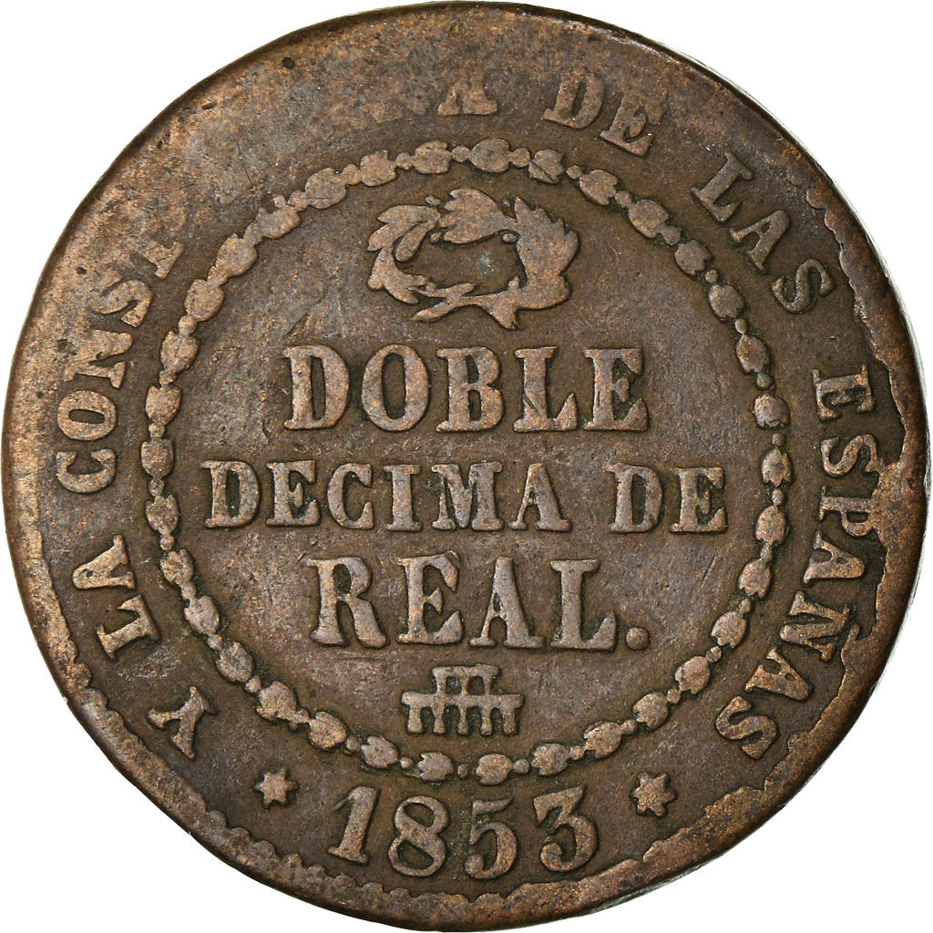 Moneta, Spagna, Isabel II, 1/5 Real, 1853, MB+, Rame, KM:601