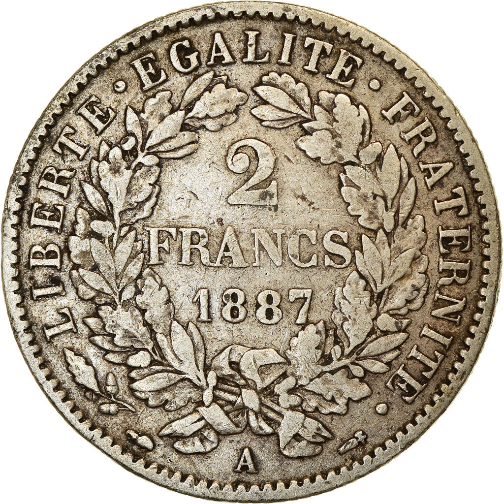 Moneta, Francja, Cérès, 2 Francs, 1887, Paris, VF(30-35), Srebro, KM:817.1