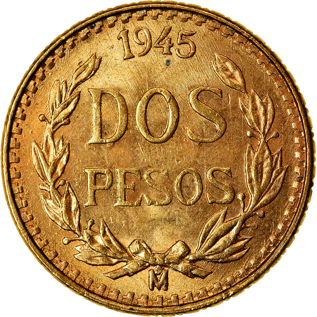 Coin, Mexico, 2 Pesos, 1945, Mexico City, MS(63), Gold, KM:461