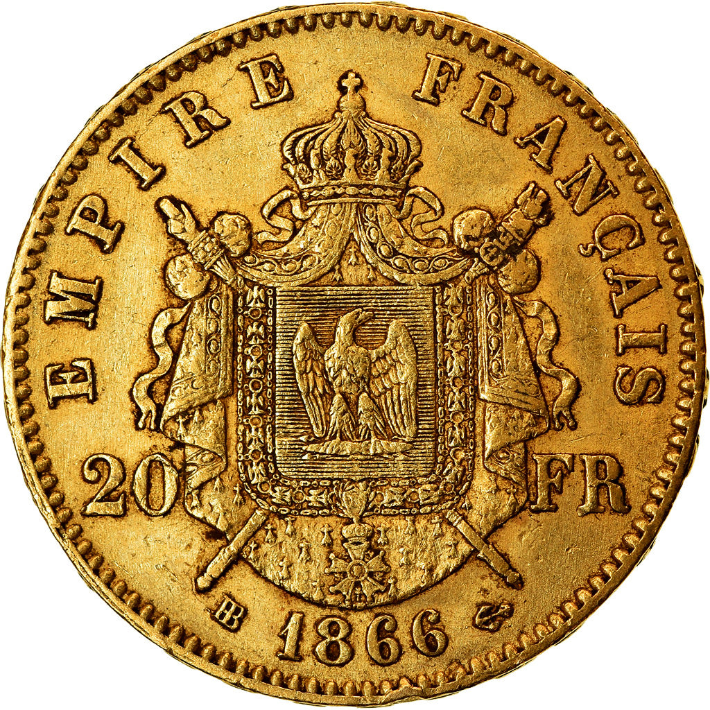 Moeda, França, Napoleon III, Napoléon III, 20 Francs, 1866, Strasbourg