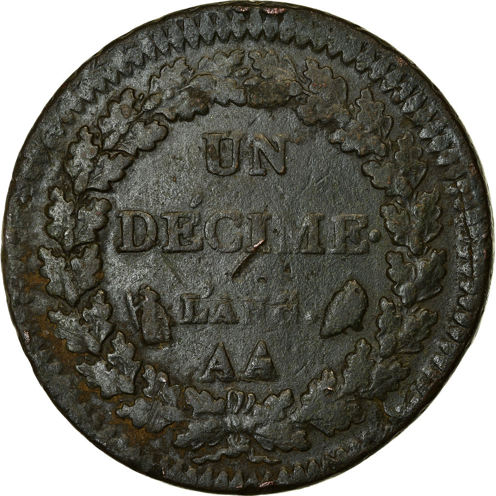 Moneta, Francia, Dupré, Decime, An 8/5 (1799-1800), Metz, MB+, Bronzo