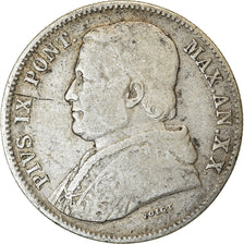 Moneda, Estados italianos, PAPAL STATES, Pius IX, 20 Baiocchi, 1865, Roma, BC+