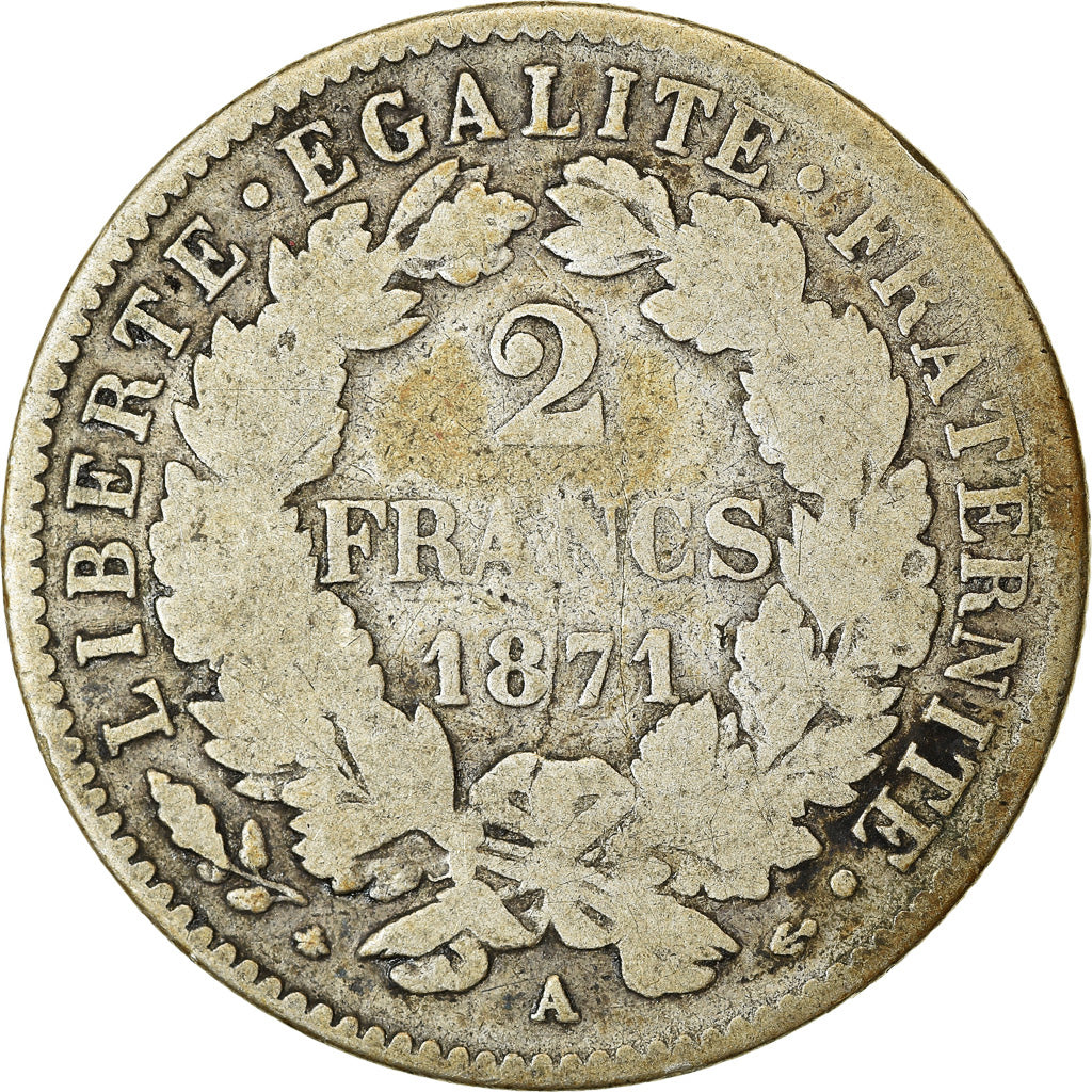 Moneta, Francia, Cérès, 2 Francs, 1871, Paris, MB, Argento, KM:817.1