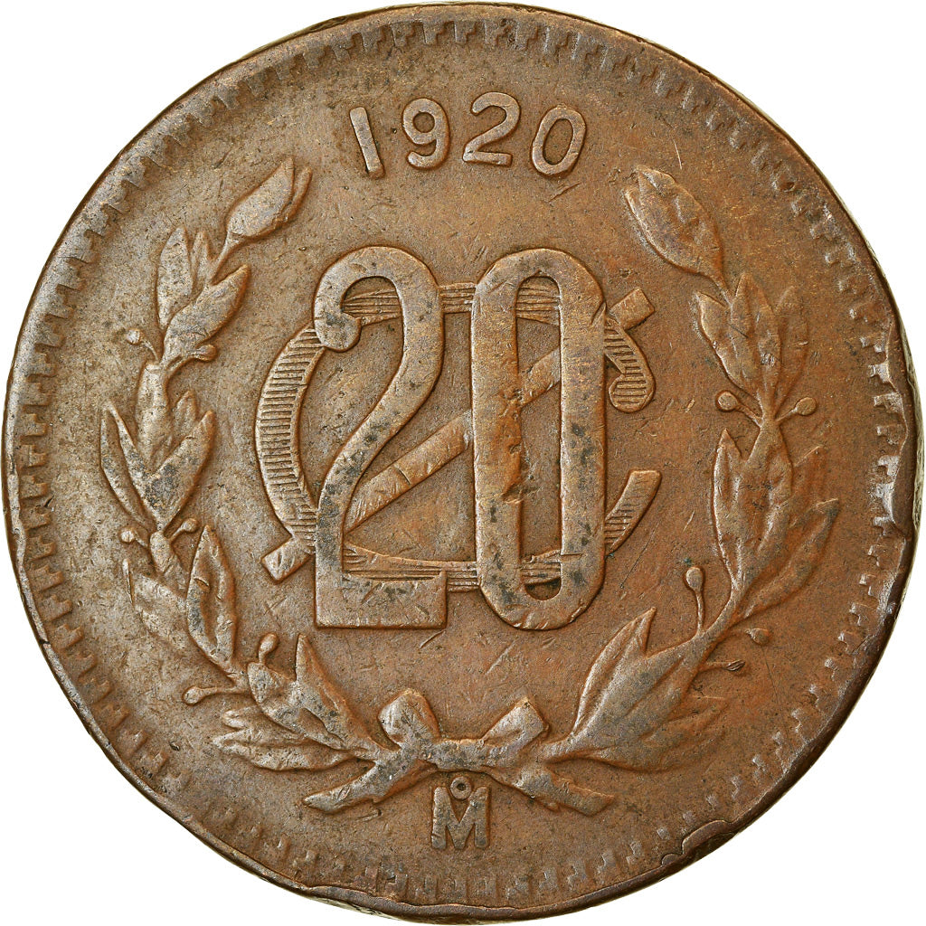Moneda, México, 20 Centavos, 1920, Mexico City, BC+, Bronce, KM:437