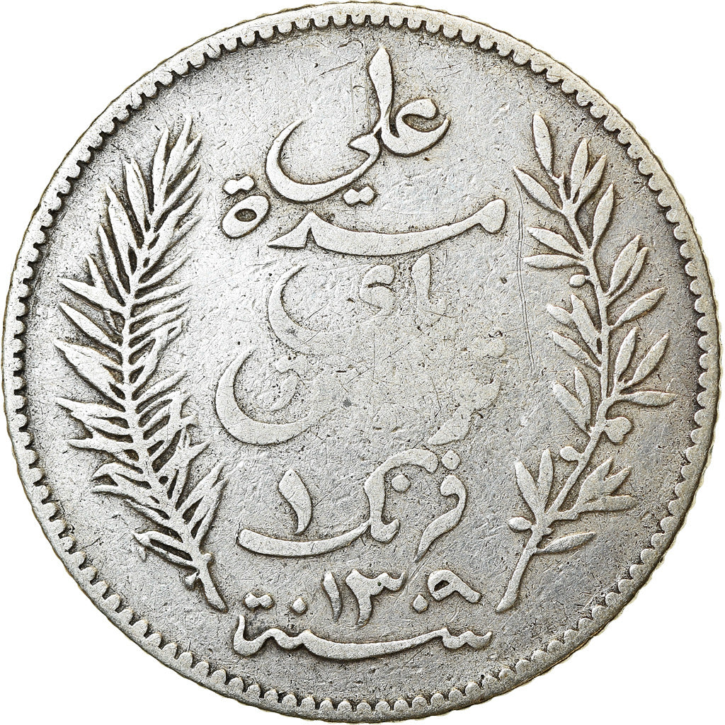 Moeda, Tunísia, Ali Bey, Franc, 1892, Paris, VF(30-35), Prata, KM:224