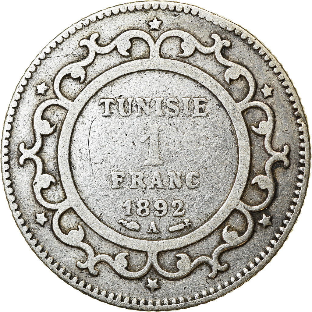 Moeda, Tunísia, Ali Bey, Franc, 1892, Paris, VF(30-35), Prata, KM:224