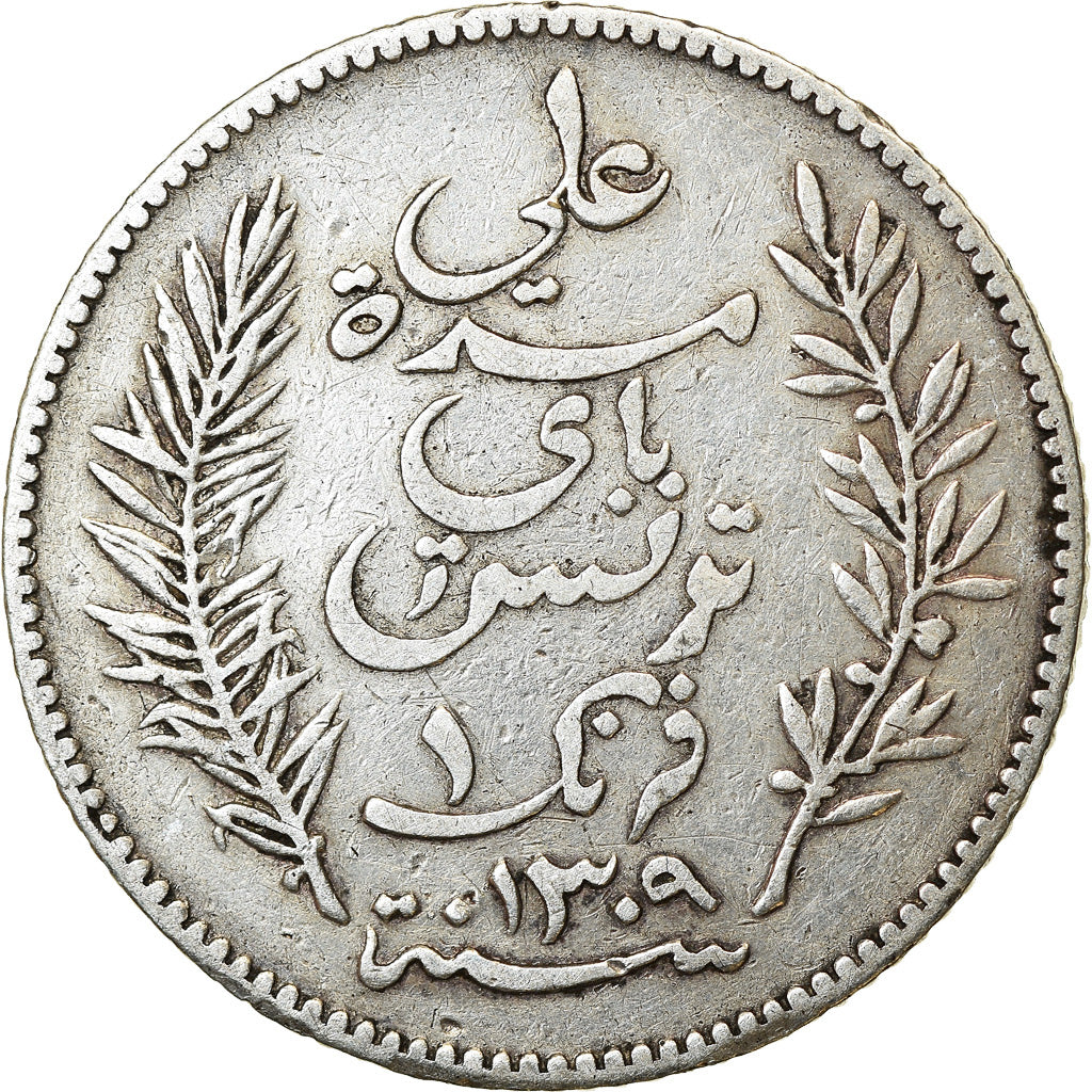 Moneta, Tunisia, Ali Bey, Franc, 1892, Paris, VF(30-35), Srebro, KM:224