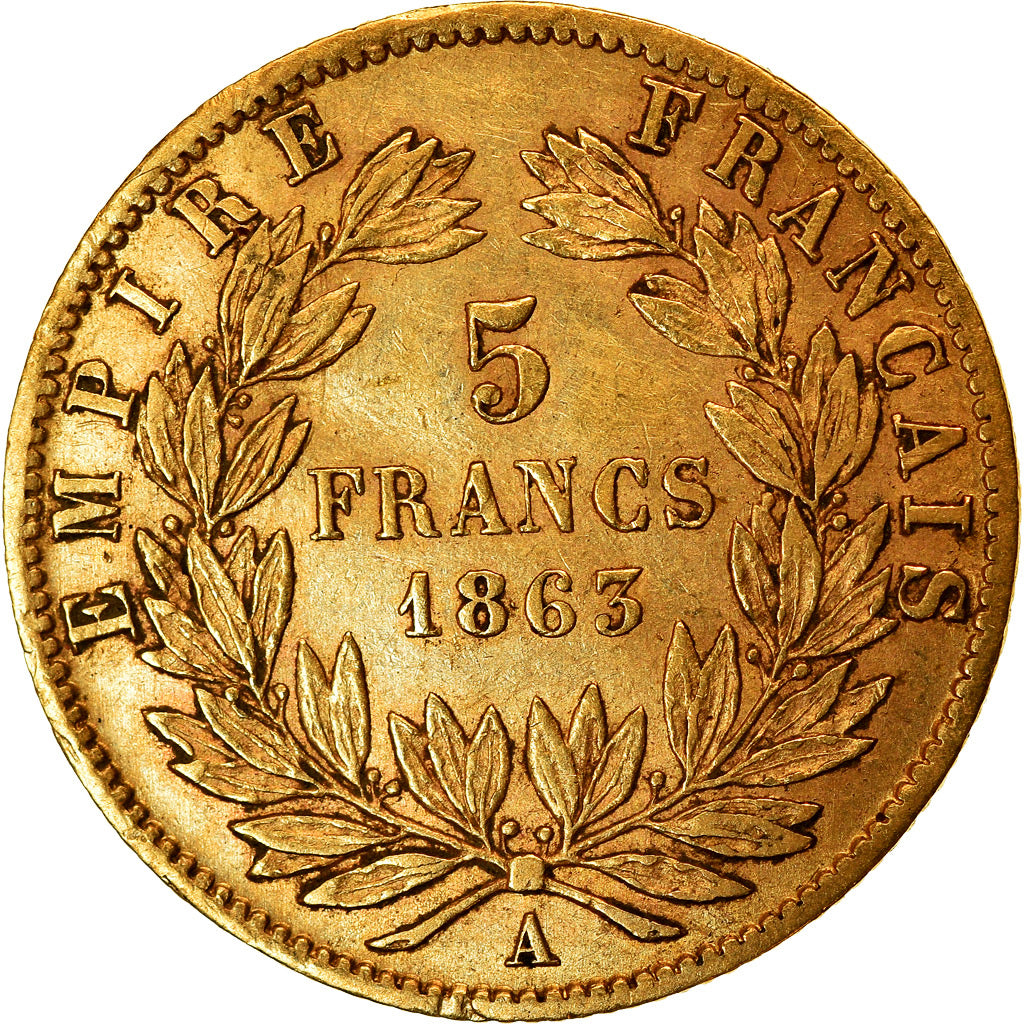 Moneta, Francia, Napoleon III, Napoléon III, 5 Francs, 1863, Paris, BB, Oro
