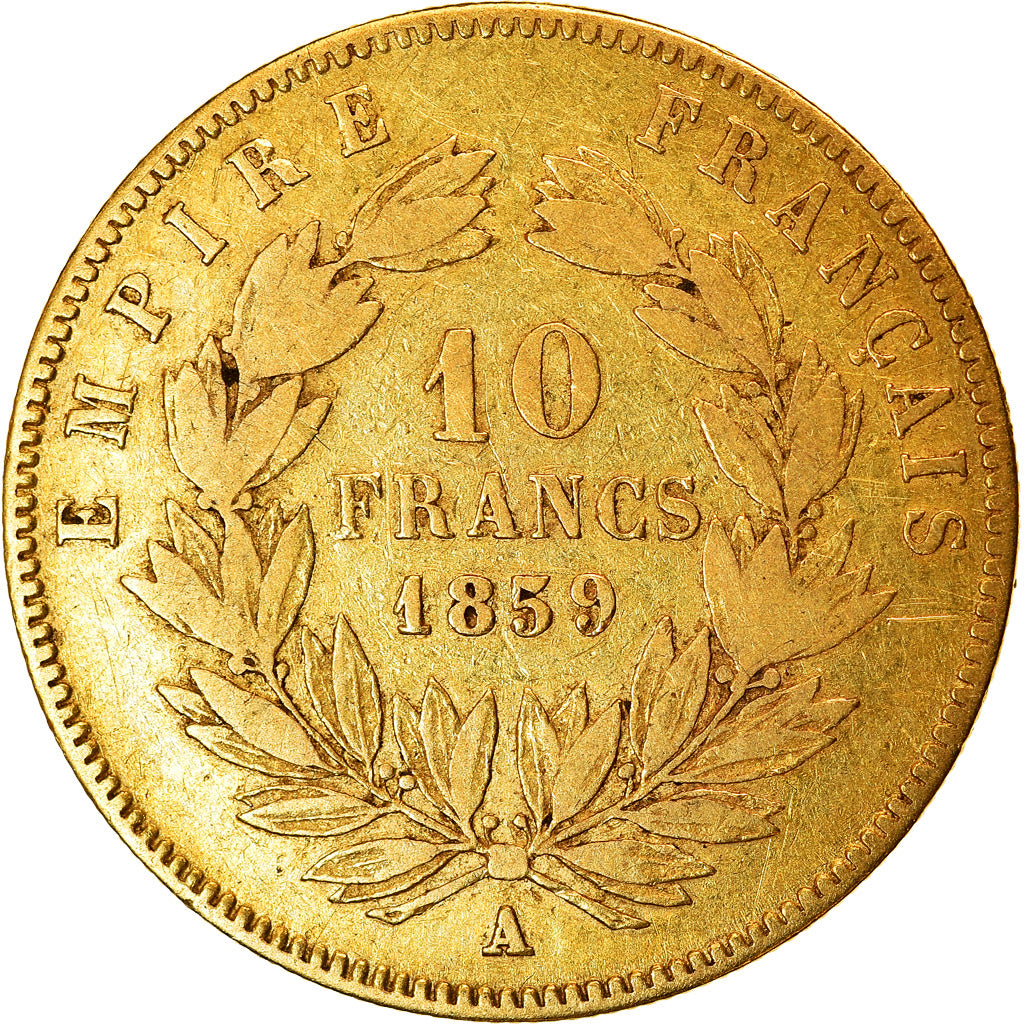 Moneda, Francia, Napoleon III, Napoléon III, 10 Francs, 1859, Paris, BC+, Oro