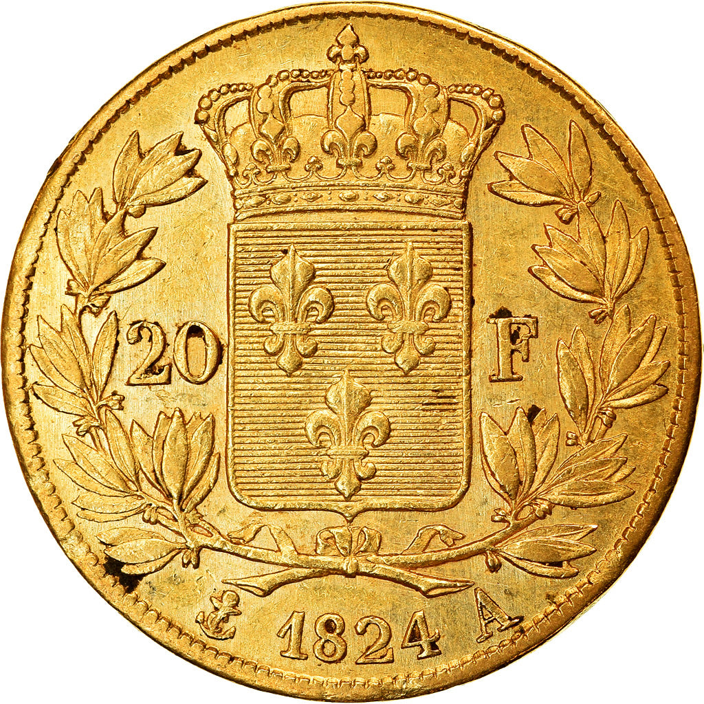 Coin, France, Louis XVIII, Louis XVIII, 20 Francs, 1824, Paris, AU(50-53), Gold