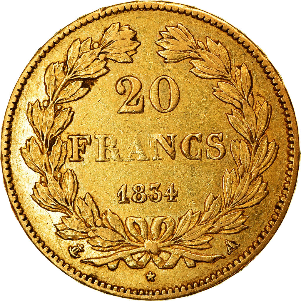 Moeda, França, Louis-Philippe, 20 Francs, 1834, Paris, EF(40-45), Dourado