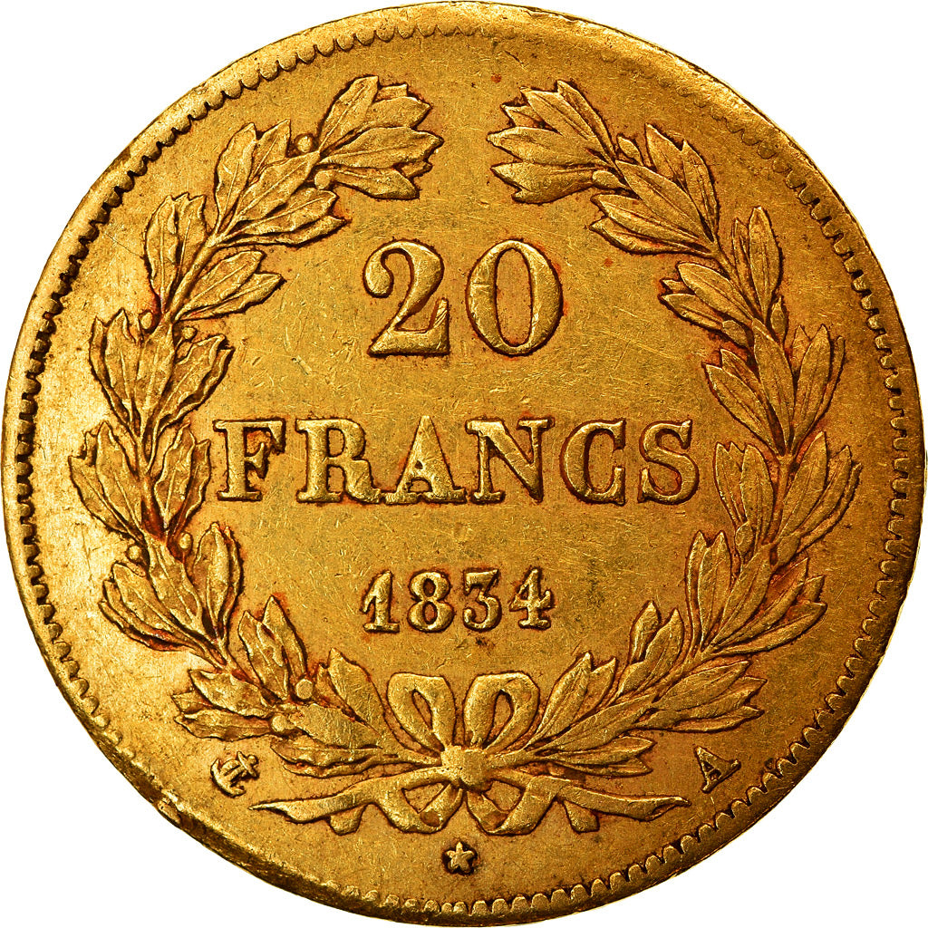 Moneda, Francia, Louis-Philippe, 20 Francs, 1834, Paris, MBC, Oro, KM:750.1