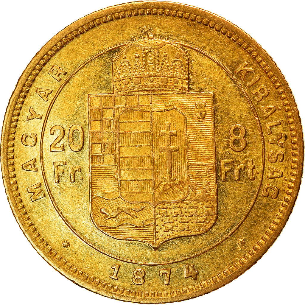 Moneta, Węgry, Franz Joseph I, 8 Forint 20 Francs, 1874, Kremnitz, AU(55-58)