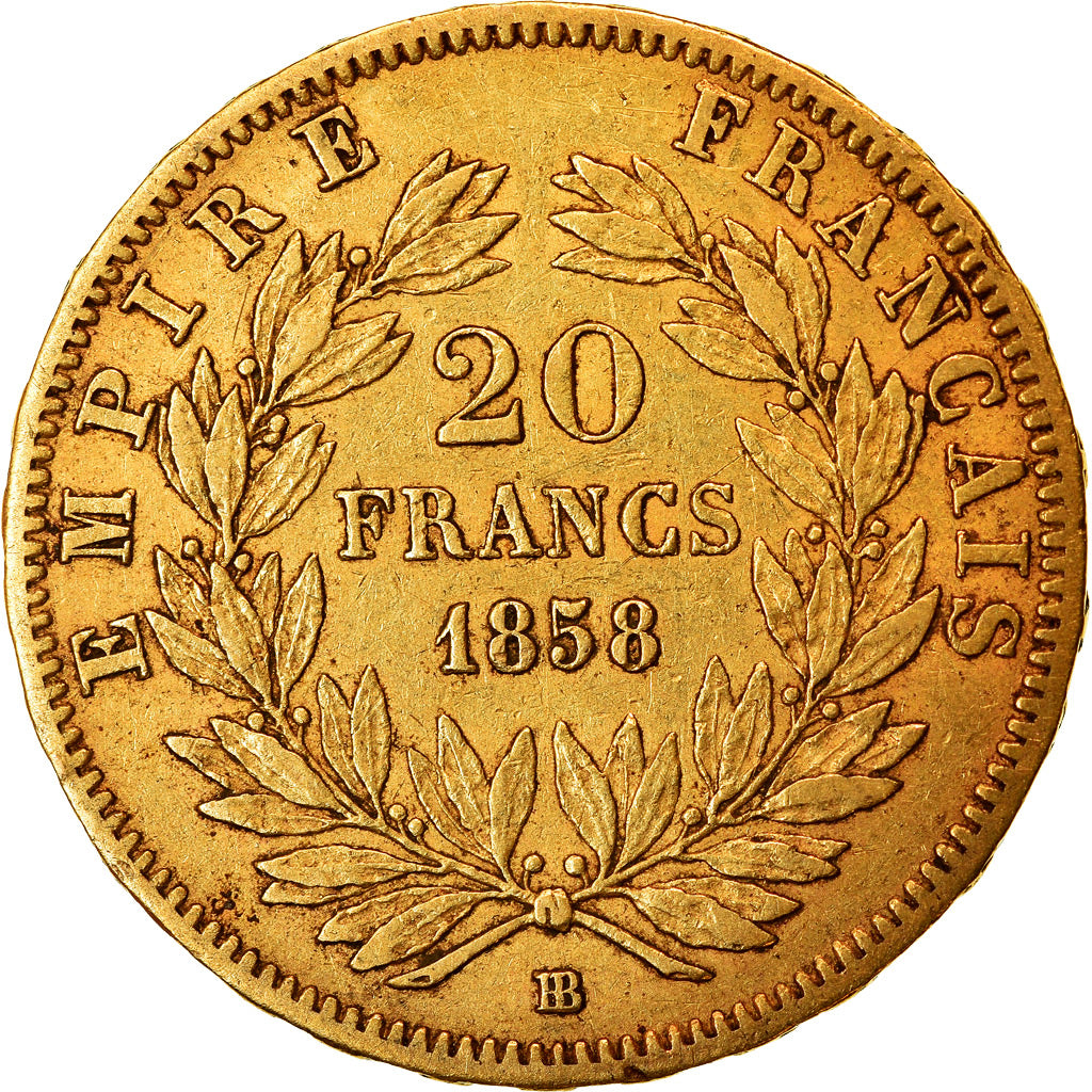 Moneta, Francia, Napoleon III, Napoléon III, 20 Francs, 1858, Strasbourg, BB