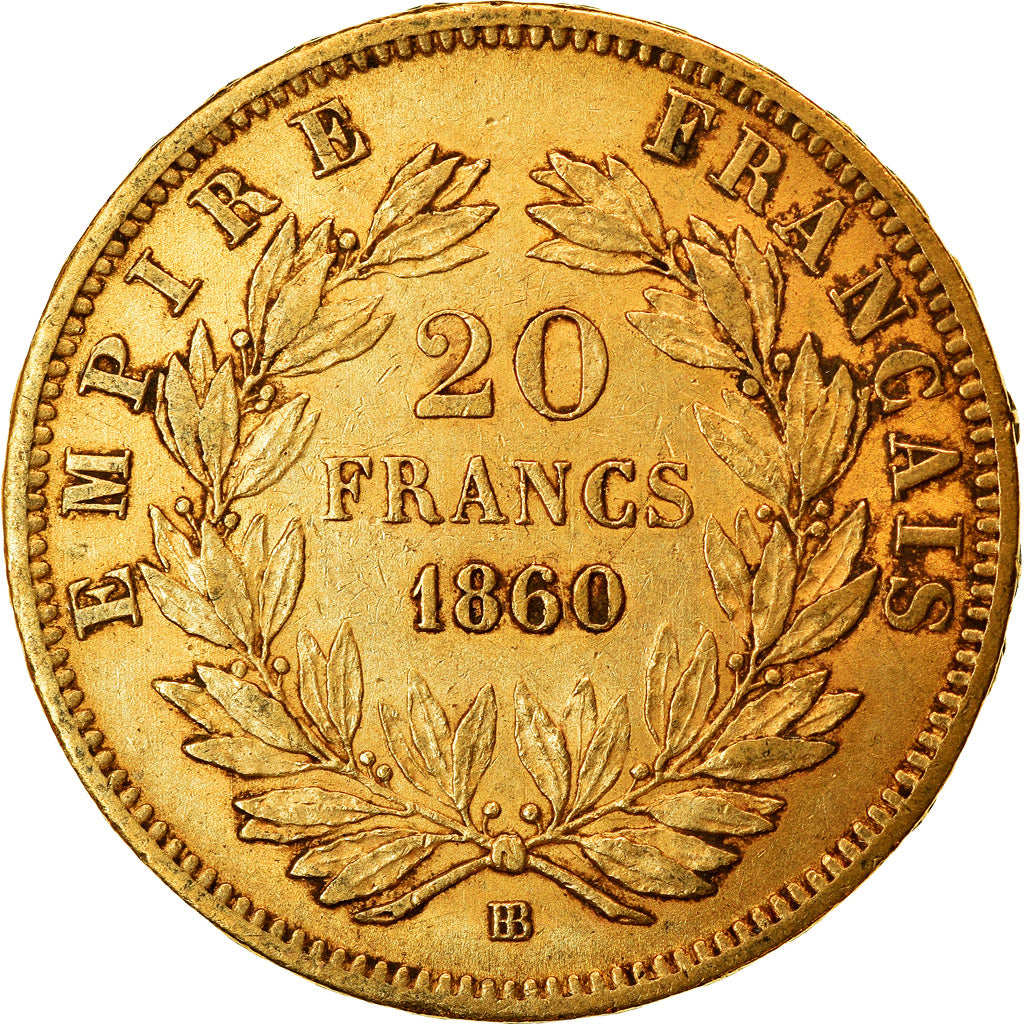 Moneta, Francia, Napoleon III, 20 Francs, 1860, Strasbourg, BB, Oro, KM:781.2