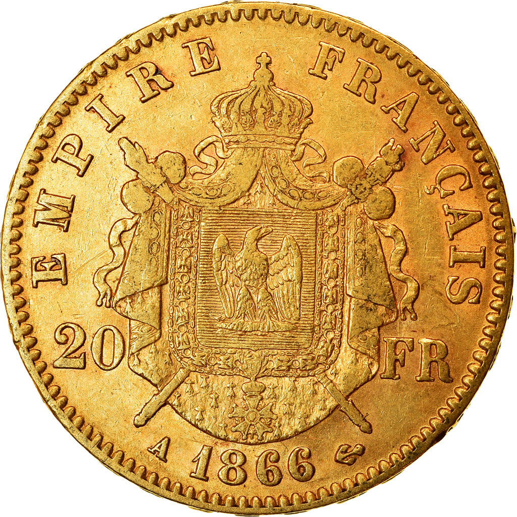 Moneta, Francia, Napoleon III, Napoléon III, 20 Francs, 1866, Paris, BB+, Oro