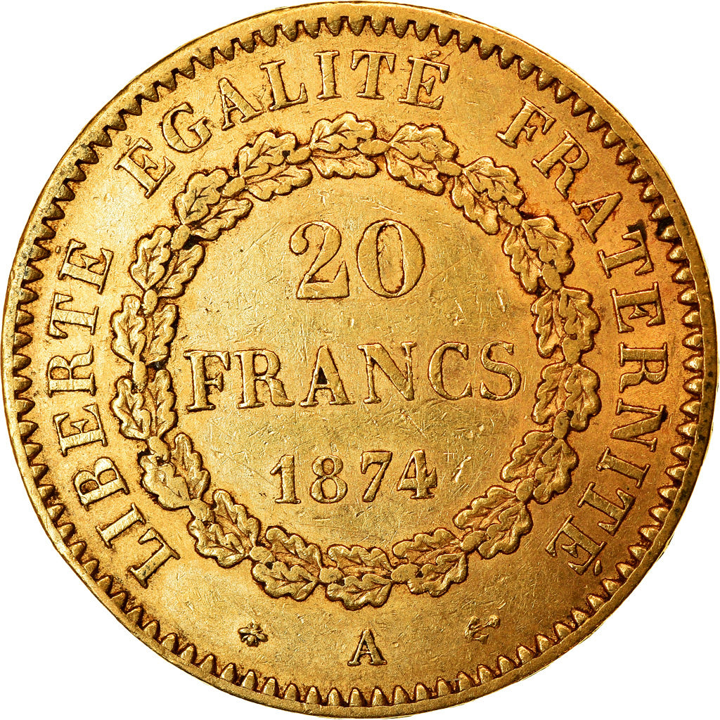 Moneta, Francja, Génie, 20 Francs, 1874, Paris, AU(50-53), Złoto, KM:825