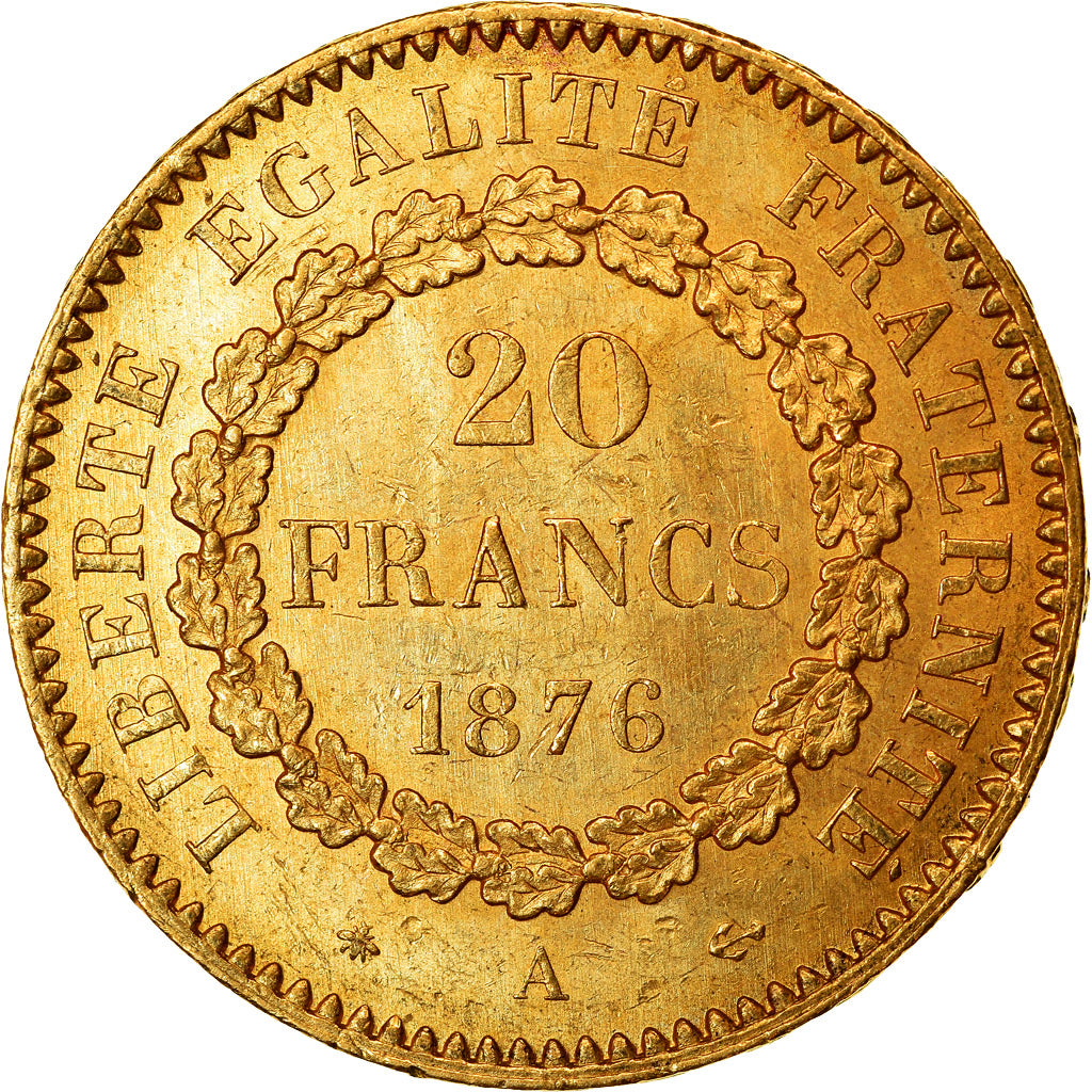 Moeda, França, Génie, 20 Francs, 1876, Paris, AU(50-53), Dourado, KM:825