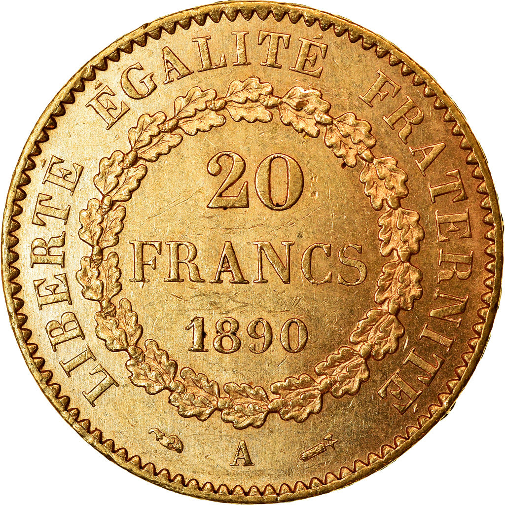 Moneta, Francja, Génie, 20 Francs, 1890, Paris, AU(55-58), Złoto, KM:825