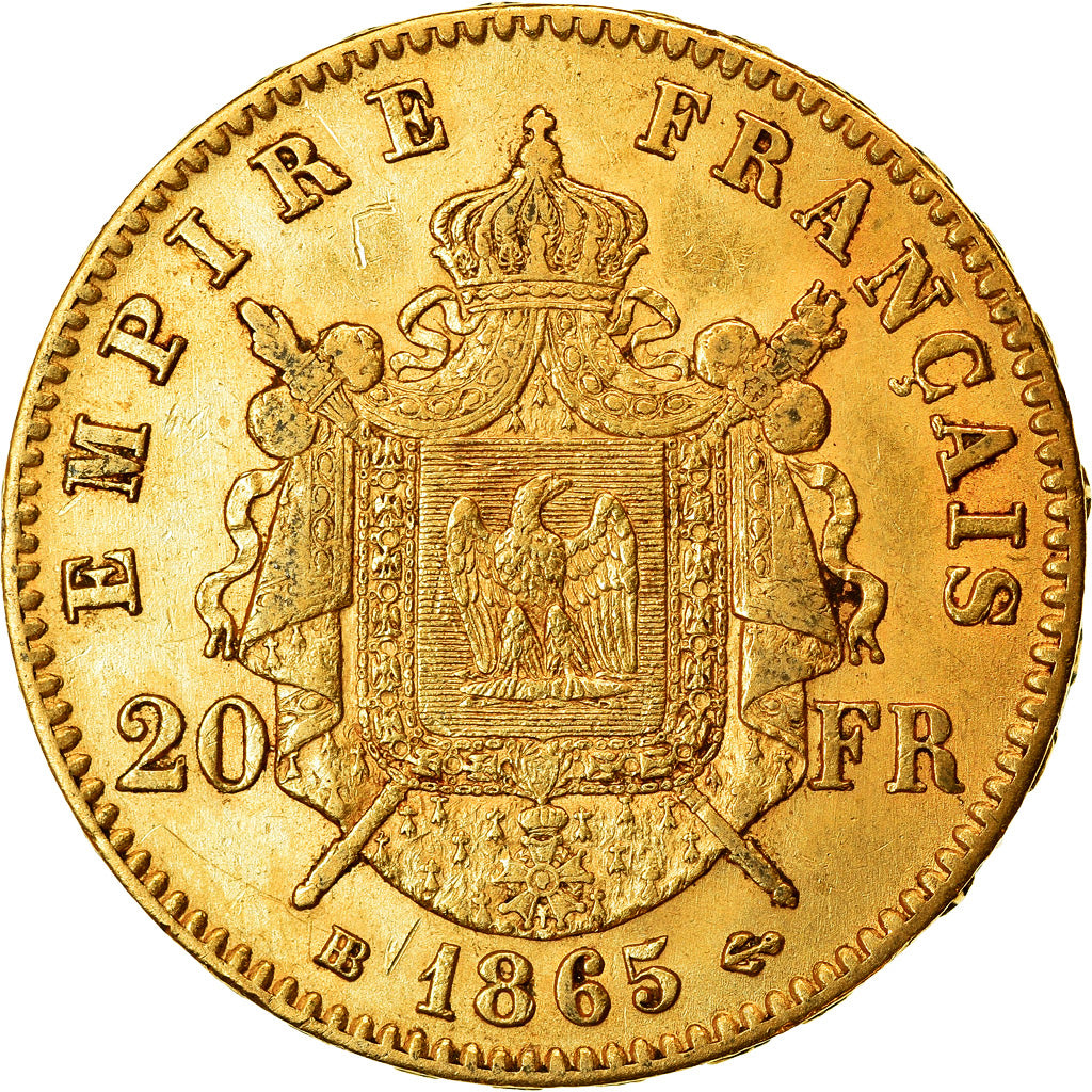 Moeda, França, Napoleon III, 20 Francs, 1865, Strasbourg, AU(55-58), Dourado
