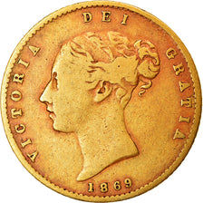 Moneda, Gran Bretaña, Victoria, 1/2 Sovereign, 1869, BC+, Oro, KM:735.2