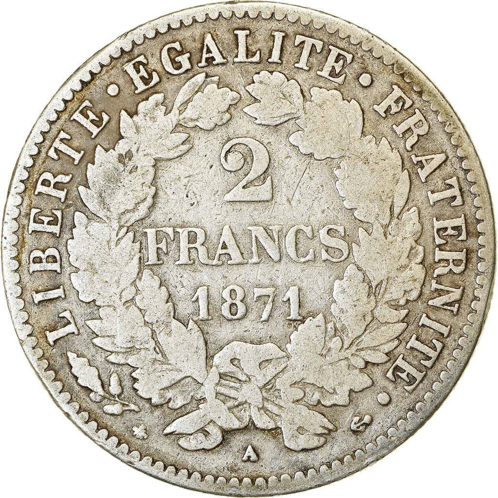 Moneda, Francia, Cérès, 2 Francs, 1871, Paris, BC, Plata, KM:817.1
