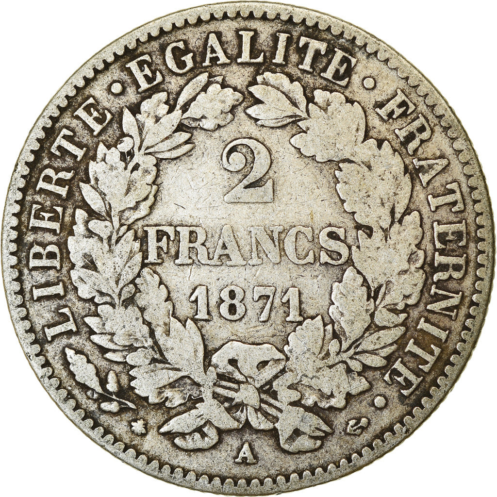Moneta, Francia, Cérès, 2 Francs, 1871, Paris, MB+, Argento, KM:817.1