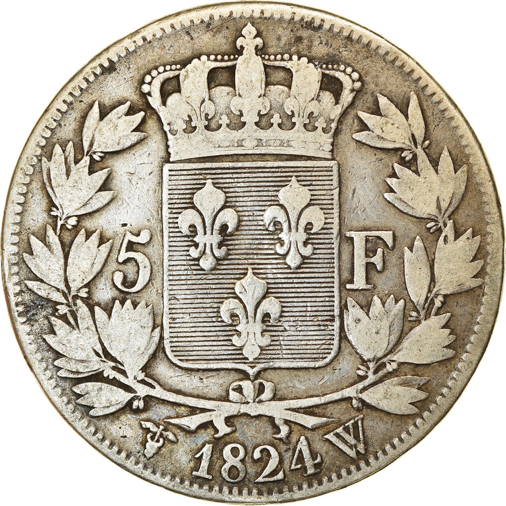 Moneta, Francja, Louis XVIII, 5 Francs, 1824, Lille, VF(30-35), Srebro