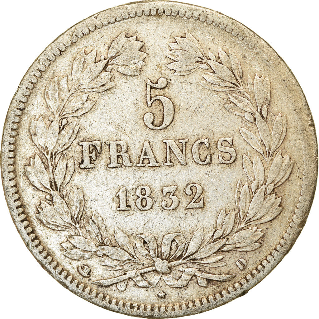 Moneta, Francia, Louis-Philippe, 5 Francs, 1832, Lyon, MB+, Argento, KM:749.4