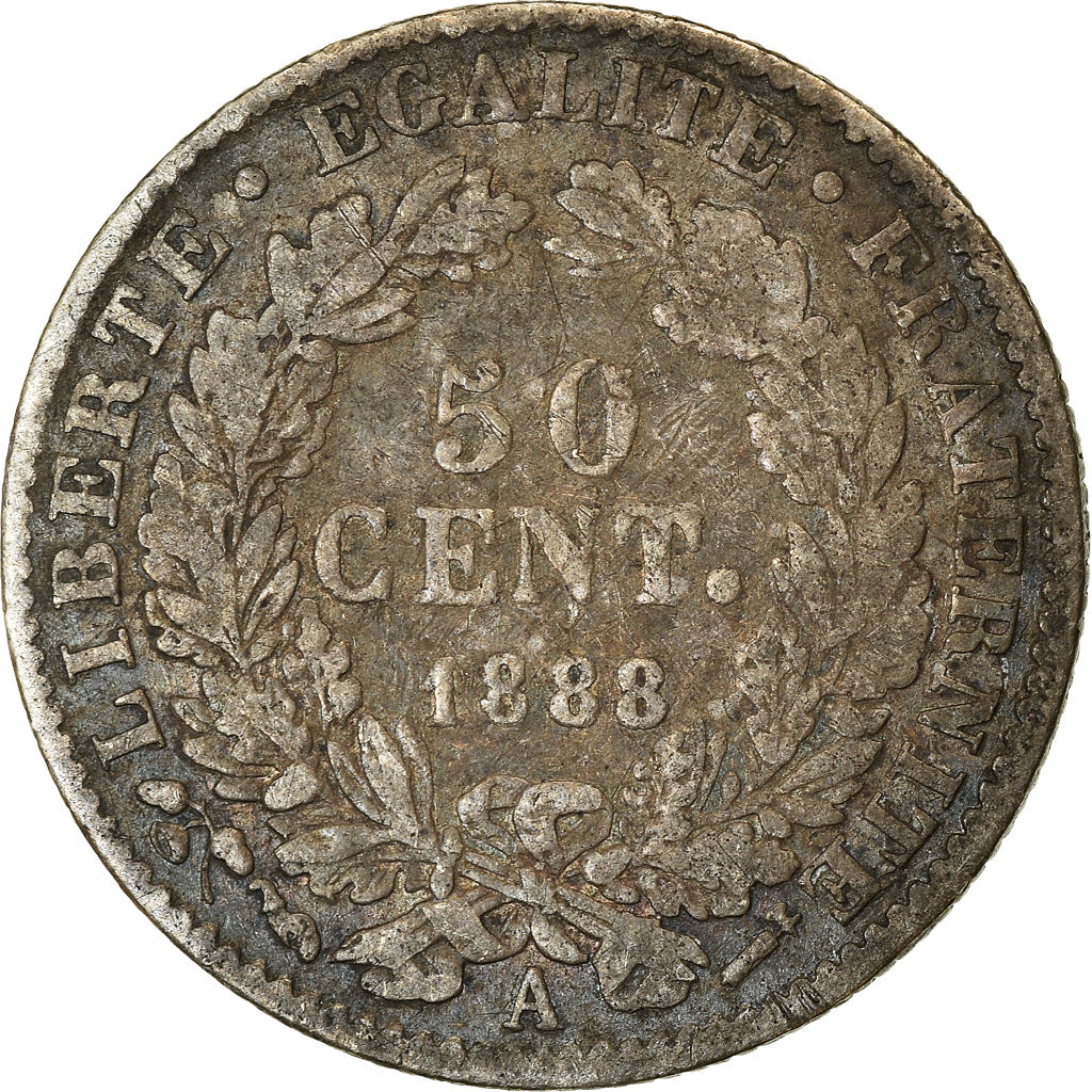 Moeda, França, Cérès, 50 Centimes, 1888, Paris, VF(30-35), Prata, KM:834.1
