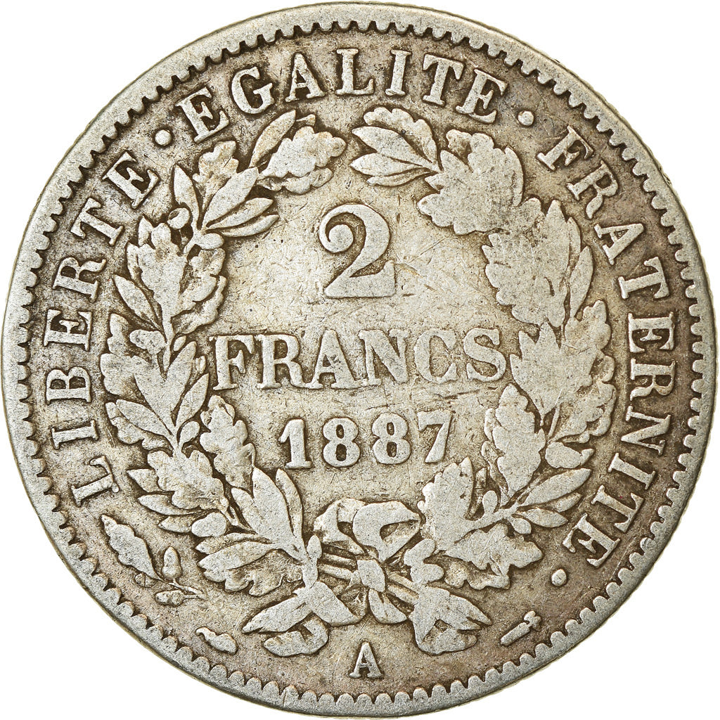 Moneta, Francia, Cérès, 2 Francs, 1887, Paris, MB+, Argento, KM:817.1