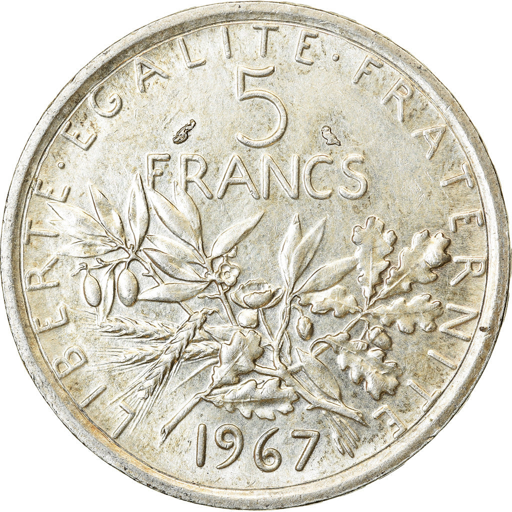 Moneda, Francia, Semeuse, 5 Francs, 1967, Paris, MBC+, Plata, KM:926