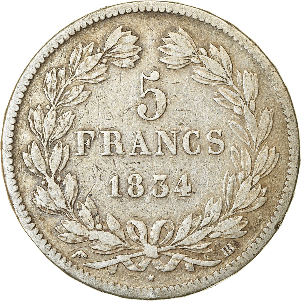 Münze, Frankreich, Louis-Philippe, 5 Francs, 1834, Strasbourg, S, Silber