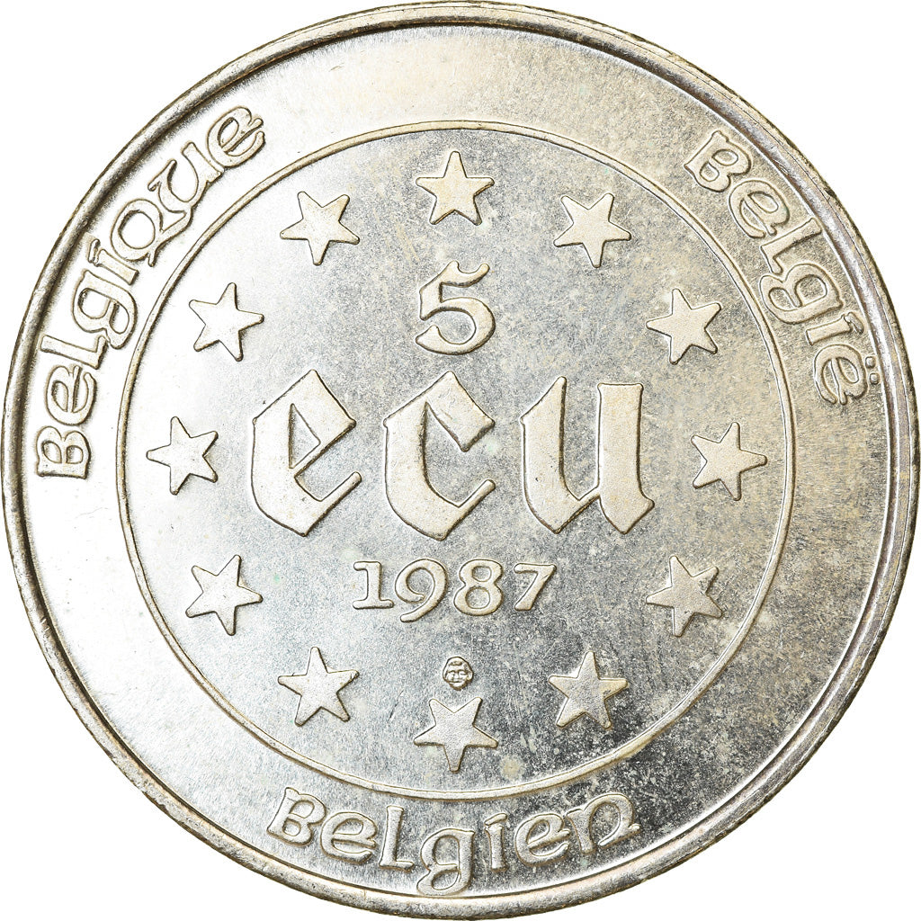Coin, Belgium, 5 Ecu, 1987, MS(63), Silver, KM:166