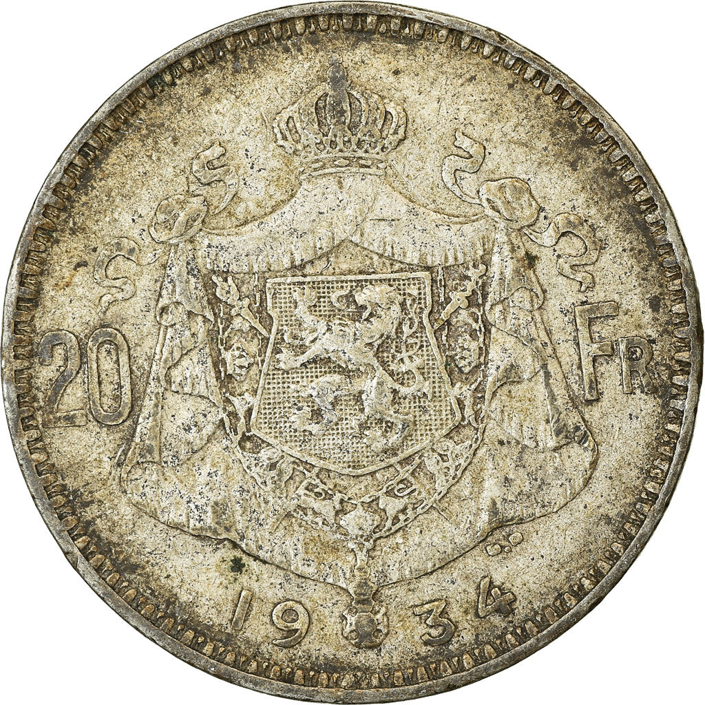 Moneta, Belgio, 20 Francs, 20 Frank, 1934, MB+, Argento, KM:104.1