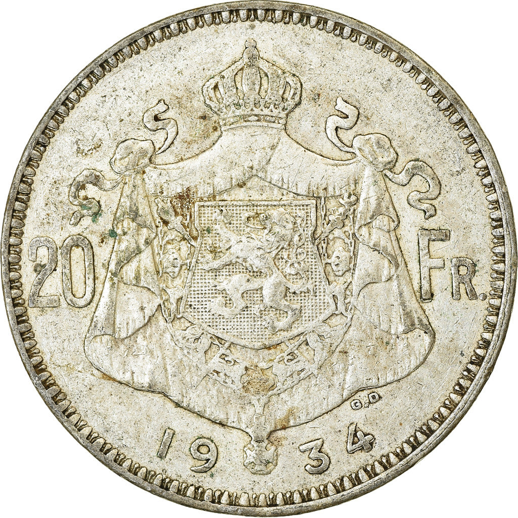 Münze, Belgien, 20 Francs, 20 Frank, 1934, S+, Silber, KM:104.1