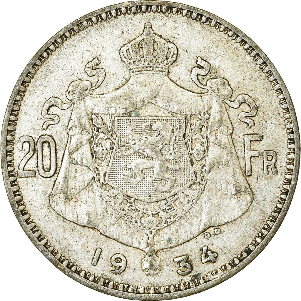 Moneta, Belgio, 20 Francs, 20 Frank, 1934, MB+, Argento, KM:104.1