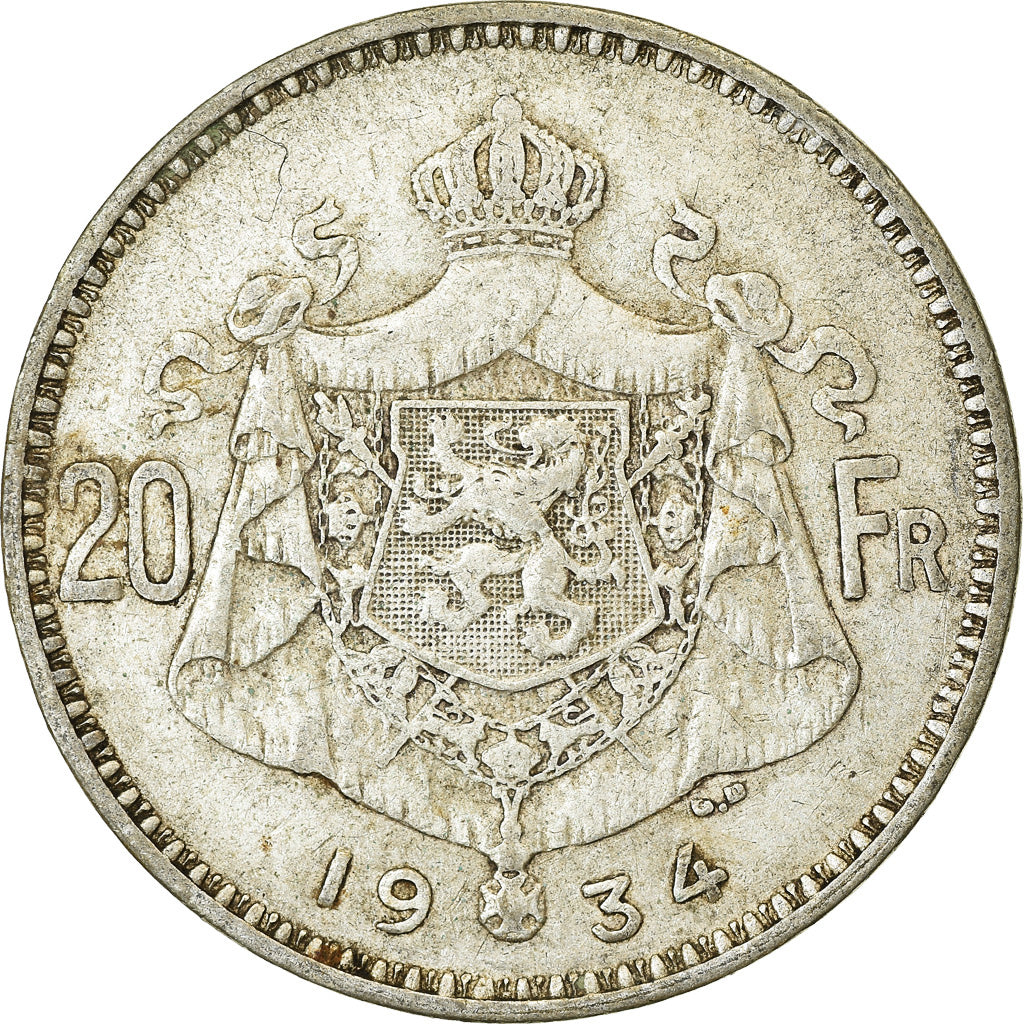 Münze, Belgien, 20 Francs, 20 Frank, 1934, SS, Silber, KM:104.1