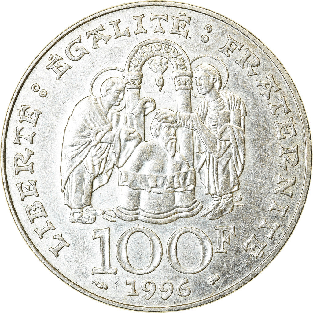 Moeda, França, Clovis, 100 Francs, 1996, AU(55-58), Prata, KM:1180, Gadoury:953