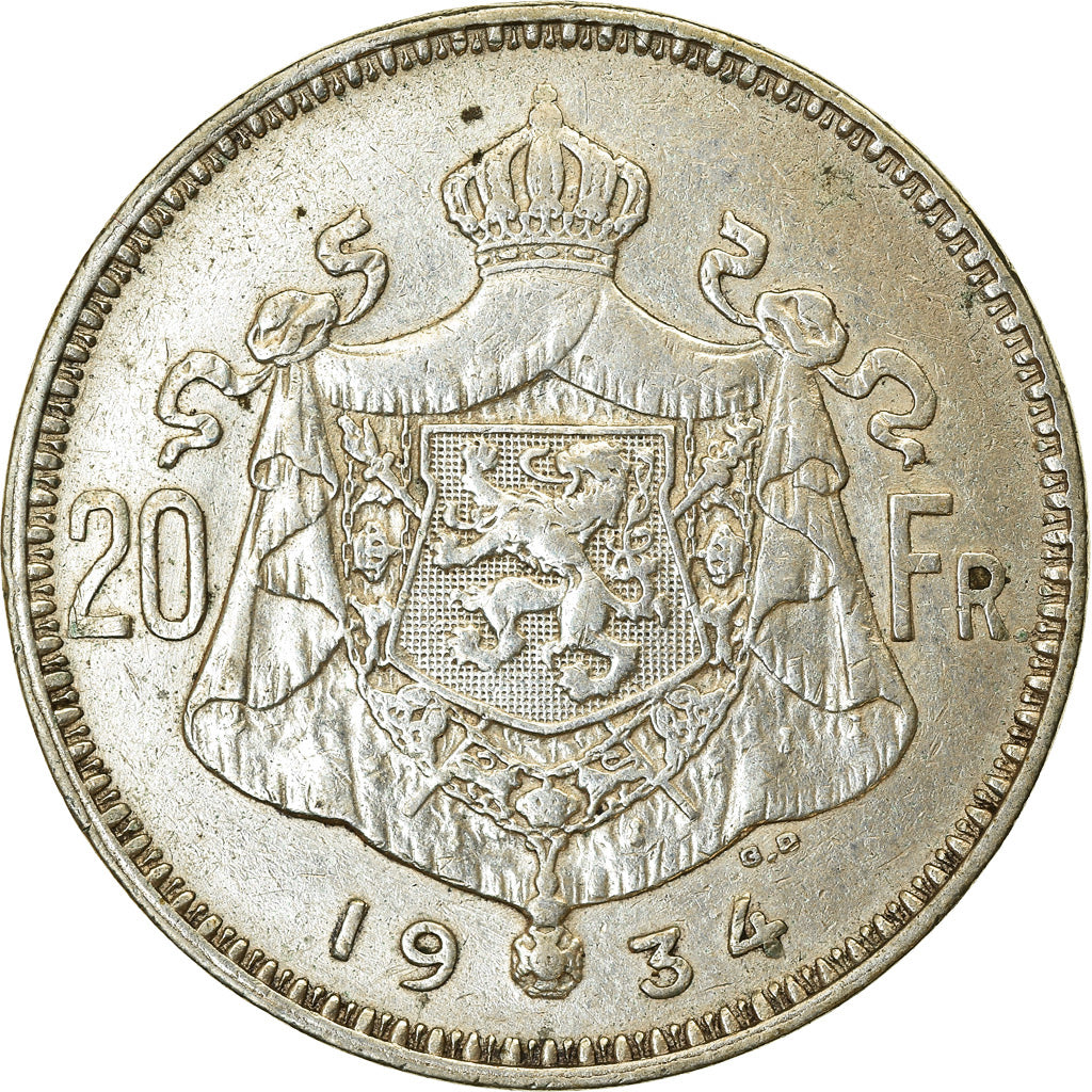 Coin, Belgium, Albert I, 20 Francs, 20 Frank, 1934, EF(40-45), Silver, KM:104.1