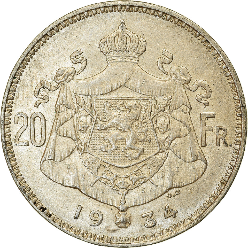 Moneta, Belgio, Albert I, 20 Francs, 20 Frank, 1934, SPL-, Argento, KM:104.1