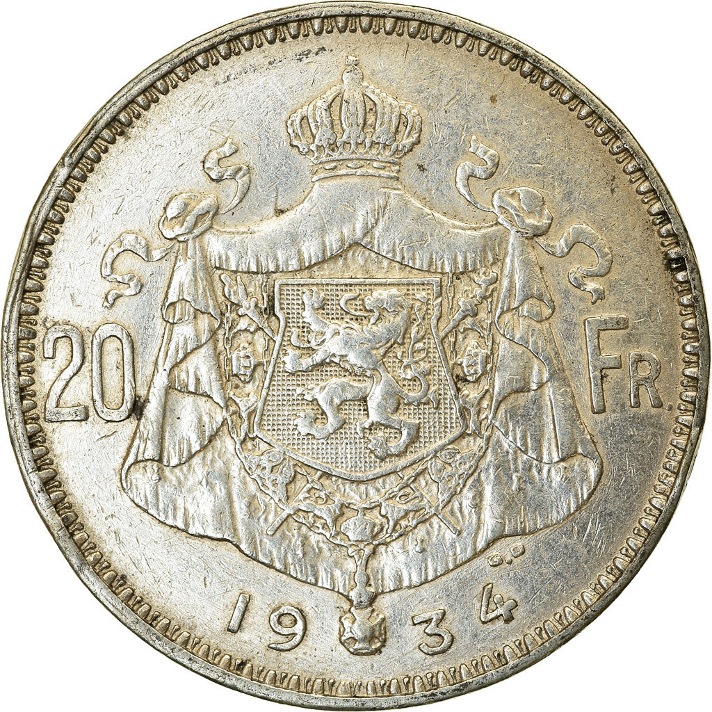 Moneta, Belgio, 20 Francs, 20 Frank, 1934, BB, Argento, KM:103.1