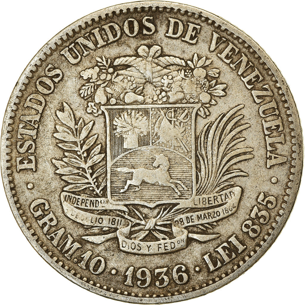 Coin, Venezuela, Gram 10, 2 Bolivares, 1936, EF(40-45), Silver, KM:23