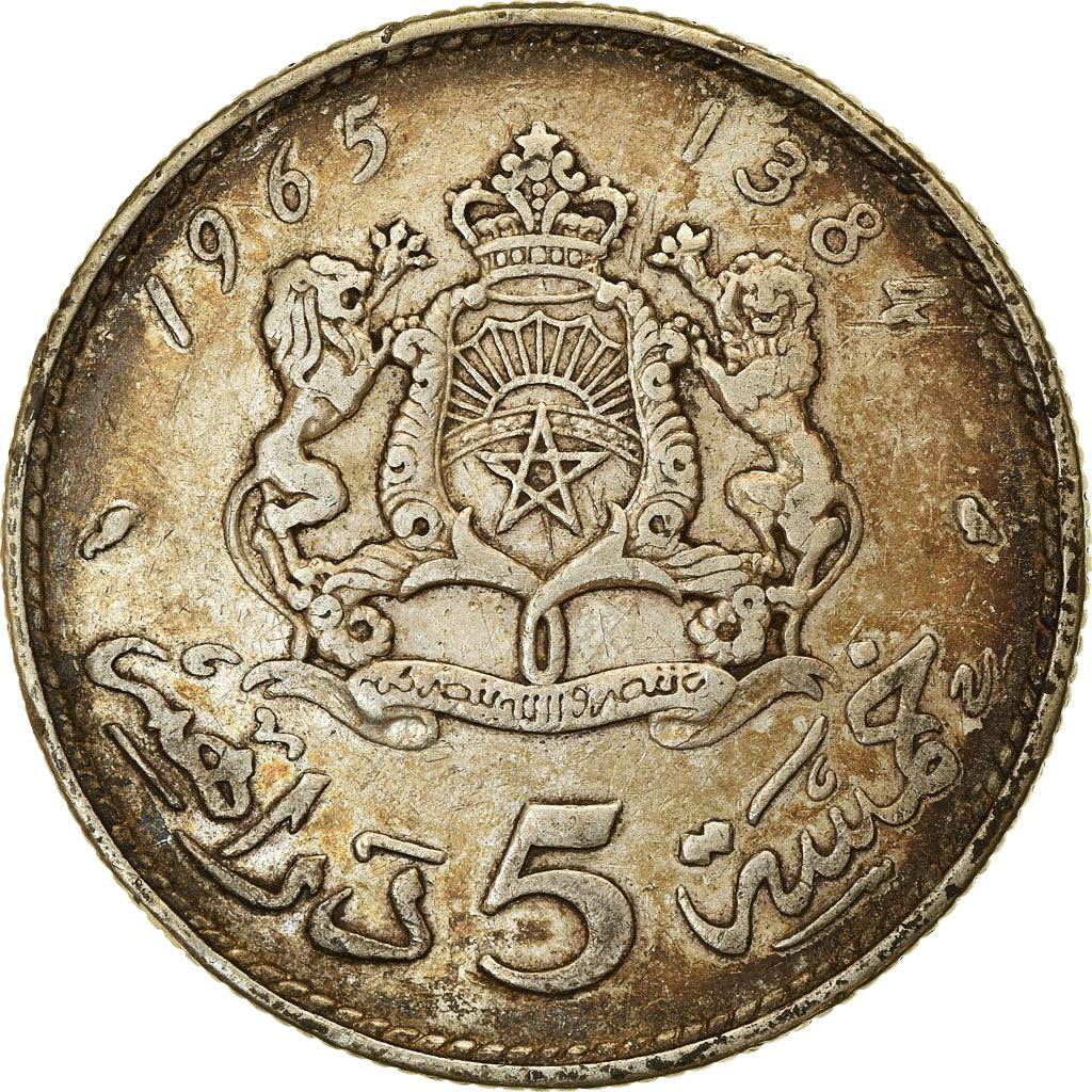 Coin, Morocco, al-Hassan II, 5 Dirhams, 1965, Paris, EF(40-45), Silver, KM:57