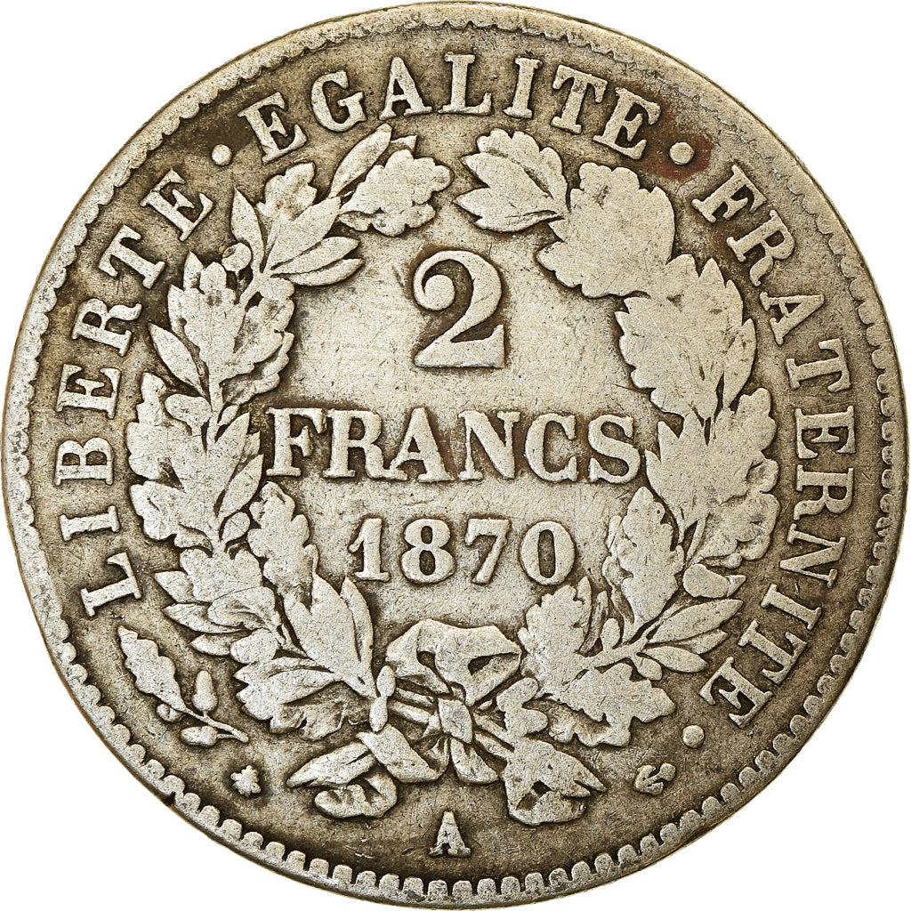 Moneta, Francja, Cérès, 2 Francs, 1870, Paris, VF(30-35), Srebro, KM:817.1