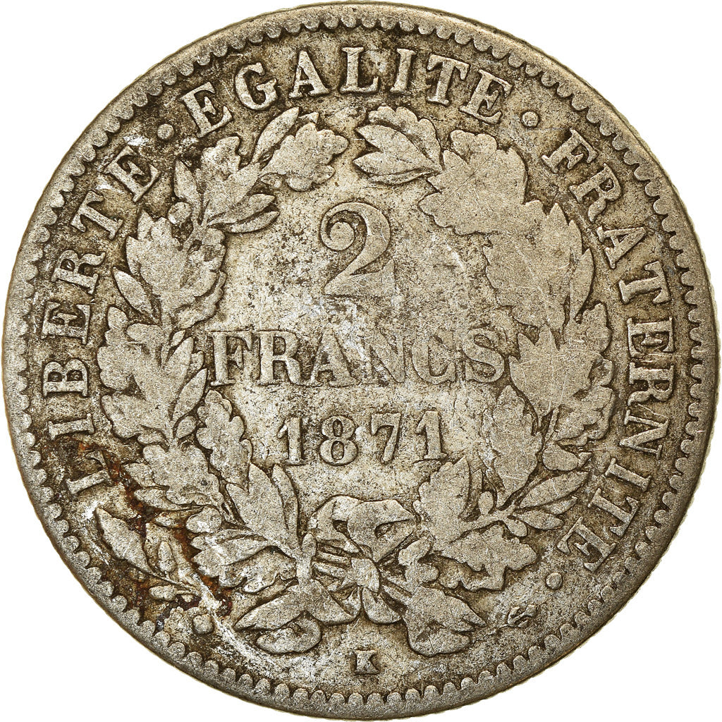 Monnaie, France, Cérès, 2 Francs, 1871, Bordeaux, TB, Argent, Gadoury:530
