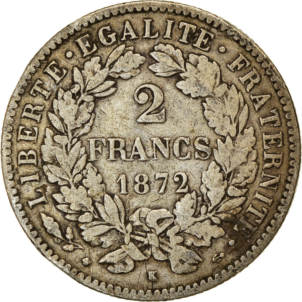 Coin, France, Cérès, 2 Francs, 1872, Bordeaux, VF(20-25), Silver, KM:817.2