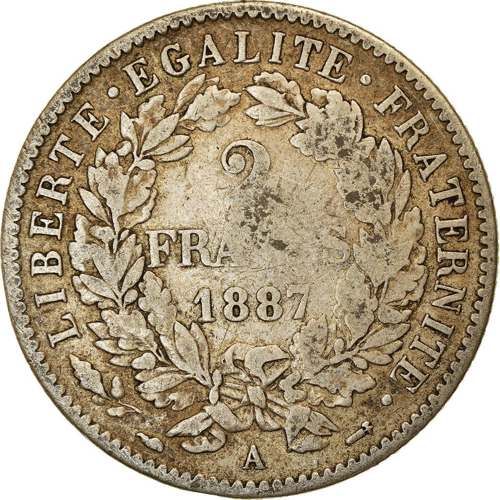 Moneta, Francia, Cérès, 2 Francs, 1887, Paris, MB, Argento, KM:817.1
