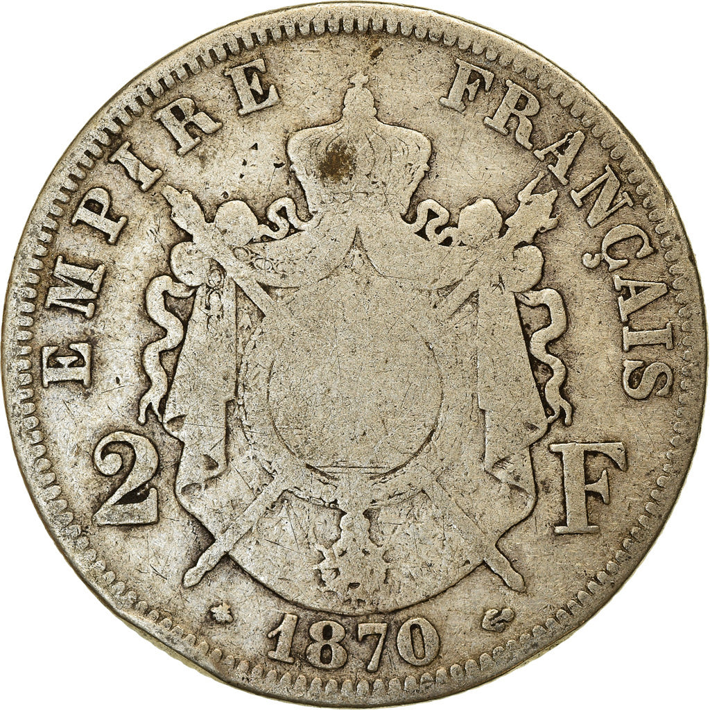 Moneda, Francia, Napoleon III, Napoléon III, 2 Francs, 1870, Paris, BC+, Plata